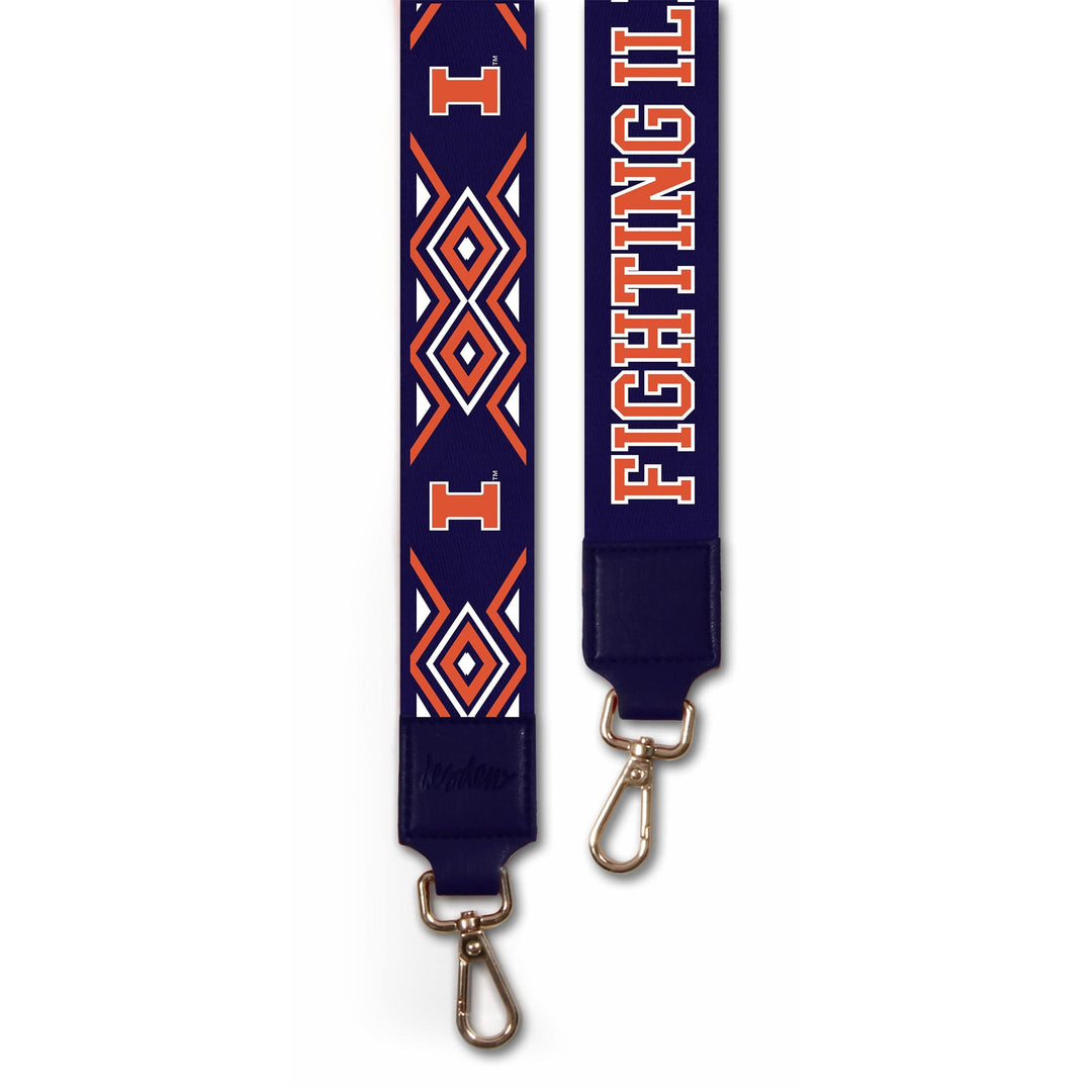 printed purse straps with college logos and brass hardware