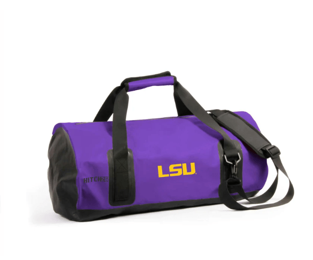 rugged duffle bag in purple with LSU logo in gold