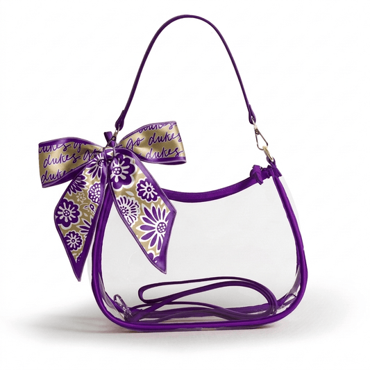James Madison Dukes Sara Clear Purse with Skinny Scarf, stadium-approved, officially licensed, by Desden