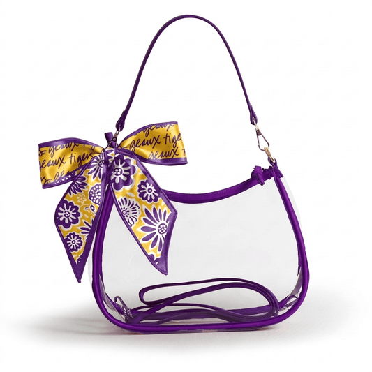 LSU Tigers Sara Clear Purse with Skinny Scarf, stadium-approved, officially licensed, by Desden