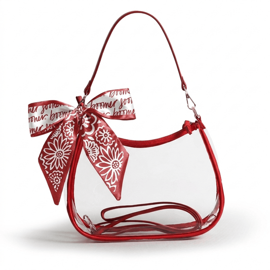 Oklahoma Sooners Sara Clear Purse with Skinny Scarf, stadium-approved, officially licensed, by Desden