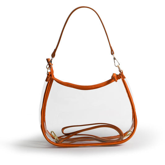 Sara Clear Purse with Beaded Charm in Burnt Orange, stadium-approved, by Desden