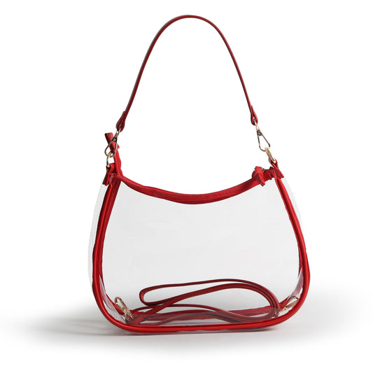 Sara Clear Purse with Beaded Charm in Crimson, stadium-approved, by Desden