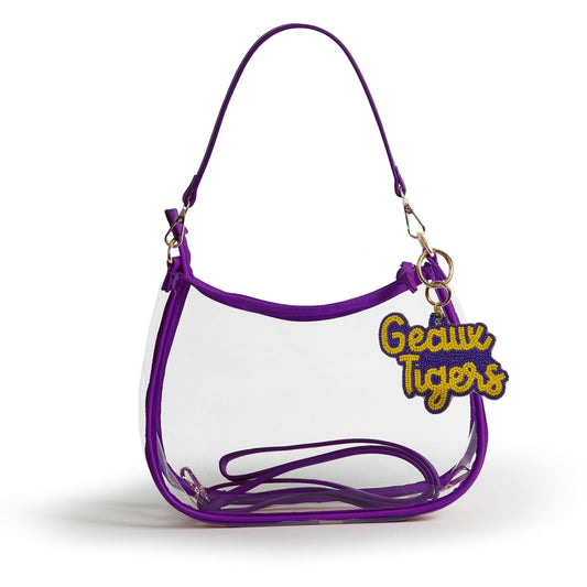 LSU Sara Clear Purse with Beaded Charm, stadium-approved, officially licensed, by Desden