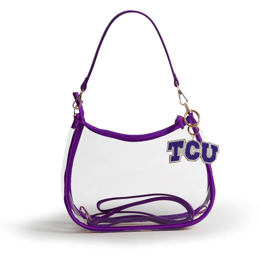 TCU Horned Frogs Sara Clear Purse with Beaded Charm, stadium-approved, officially licensed, by Desden