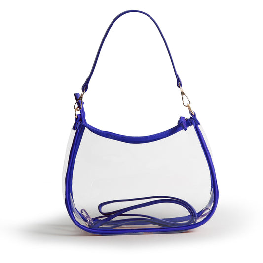 Sara Clear Purse with Beaded Charm in Royal Blue, stadium-approved, by Desden
