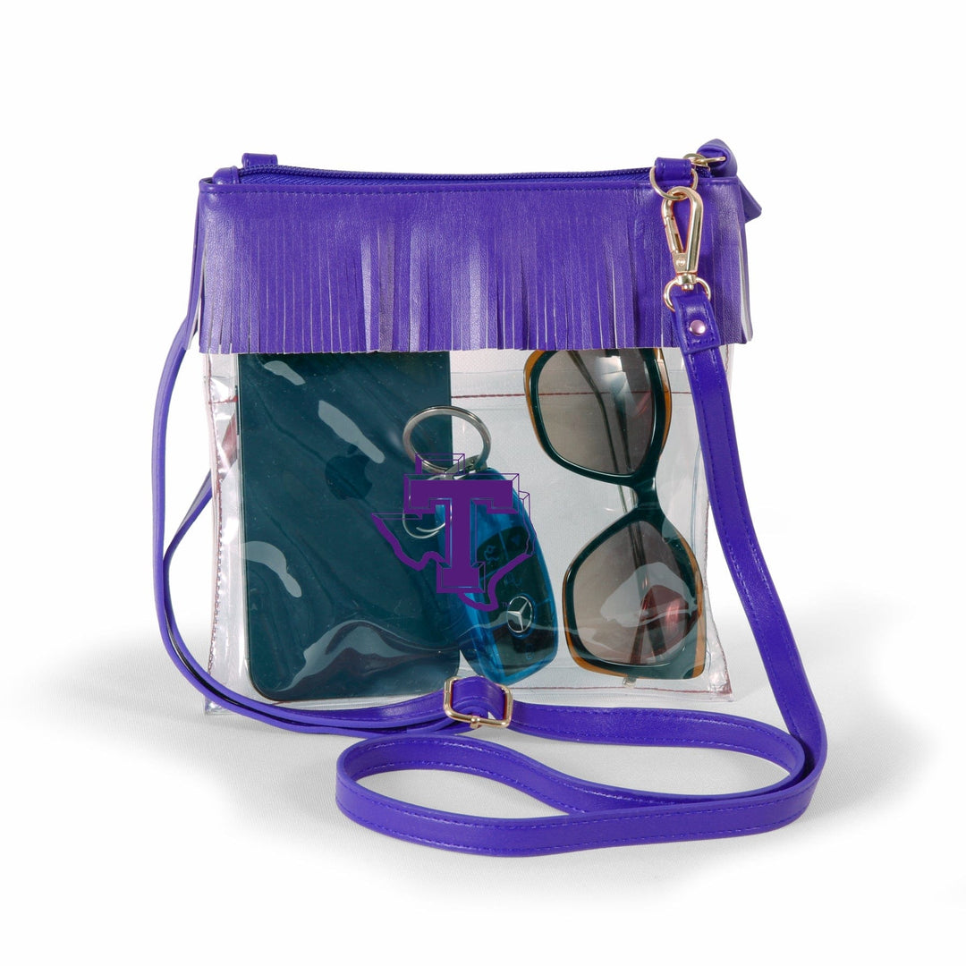 Desden Crossbody Tarleton State Clear crossbody with fringe by Desden