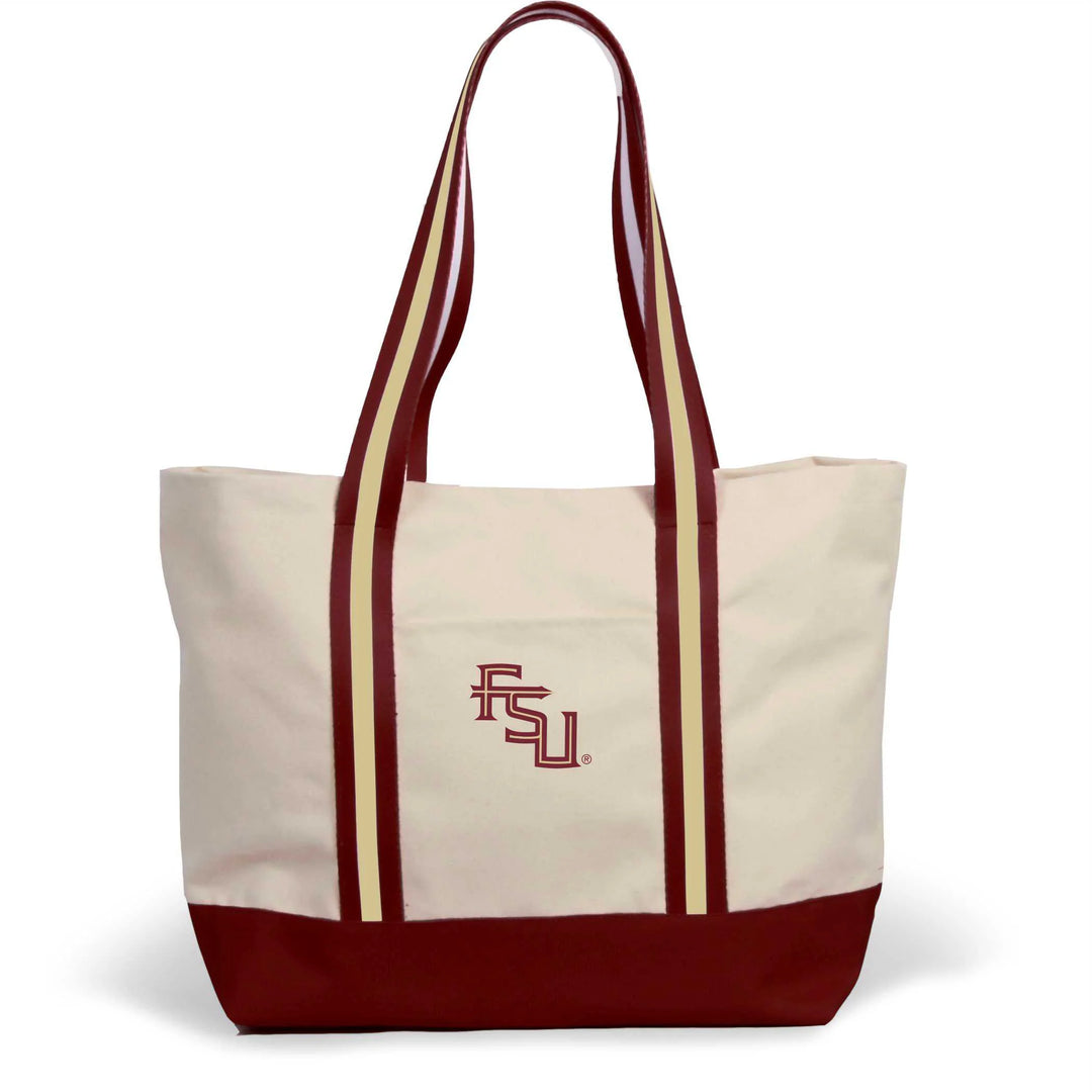 Florida State Canvas Tote in natural canvas with garnet and gold straps and embroidered logo.