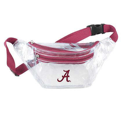 Photo of university of georgia fan wearing clear fannypack with red trim and university of georgia logo on front pocket. 