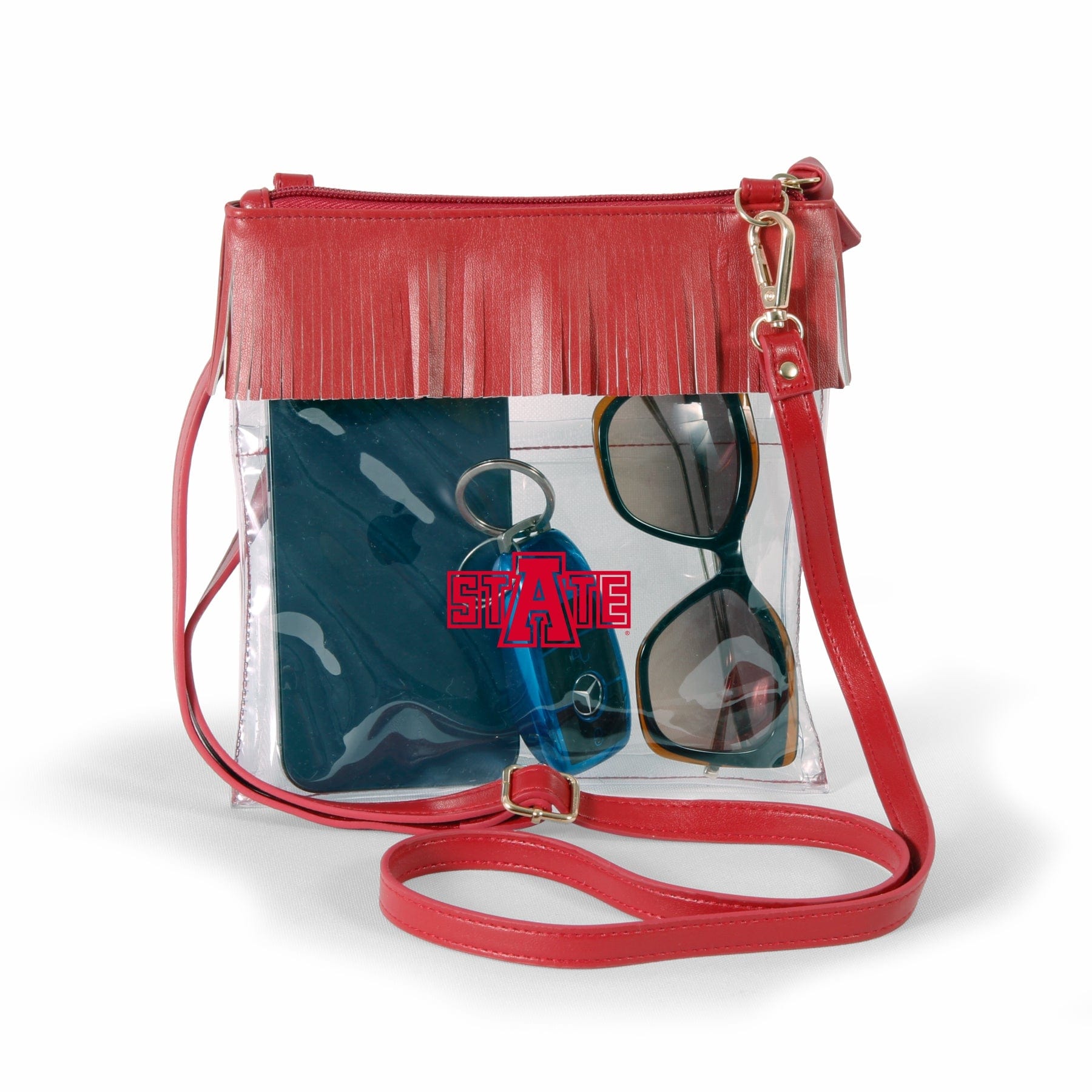 Desden Crossbody Arkansas State Clear crossbody with fringe by Desden