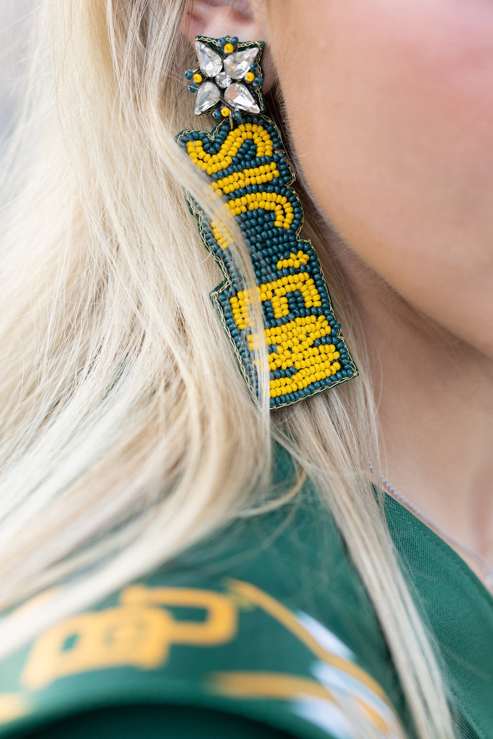 Desden Beaded Earings Baylor Sic 'em Bears Beaded Earrings in Green and Gold by Desden