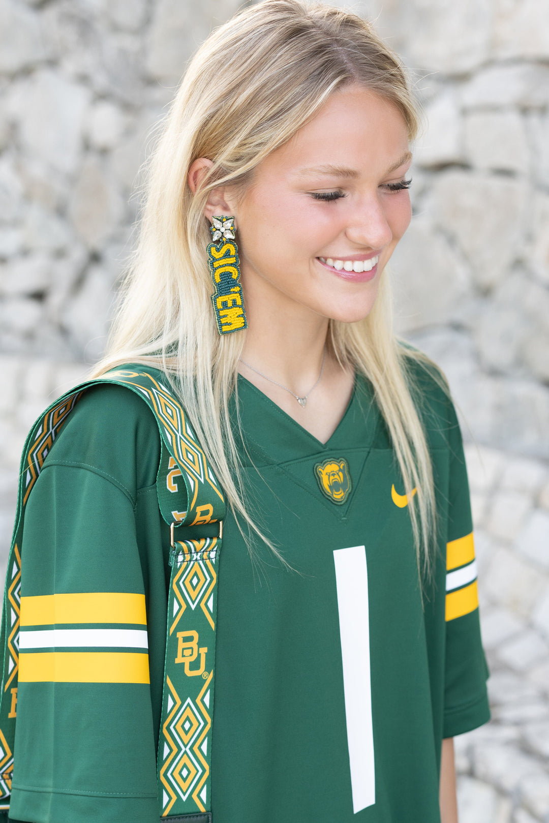 Desden Beaded Earings Baylor Sic 'em Bears Beaded Earrings in Green and Gold by Desden