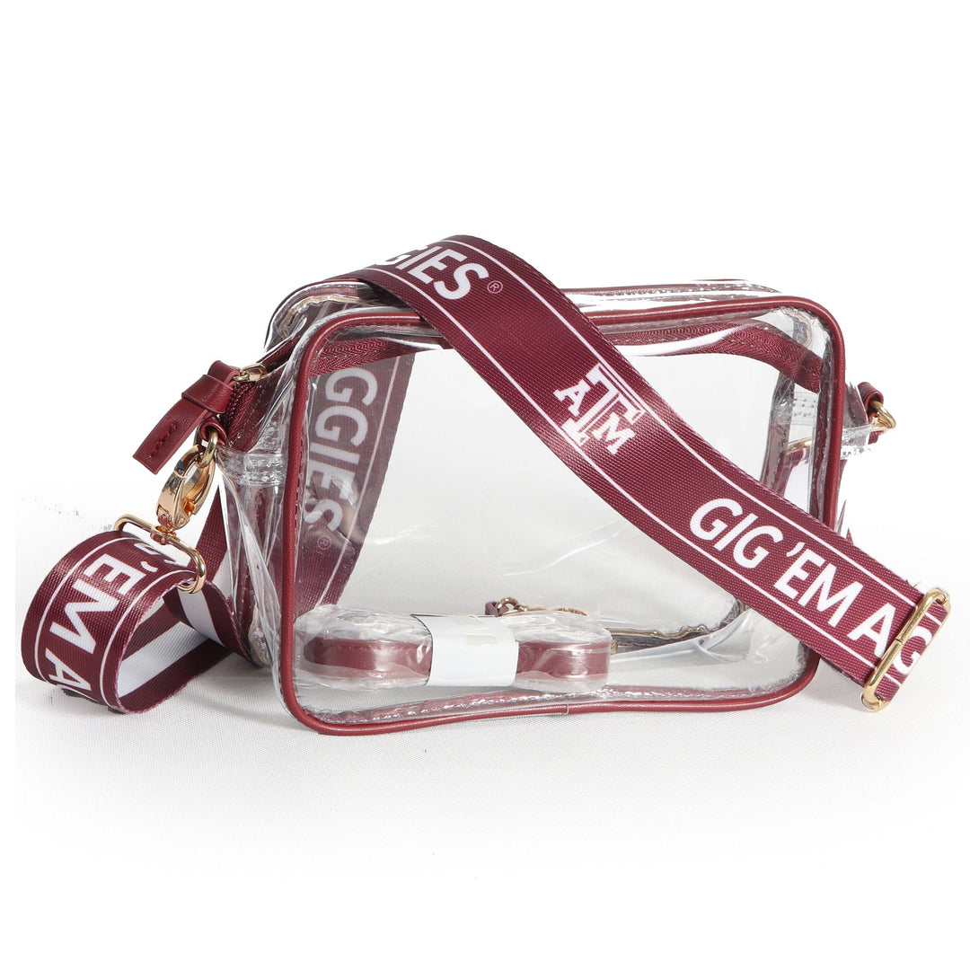 Desden Purse Bridget Clear Purse with Maroon Trim and Patterned Shoulder Straps for Texas A&M