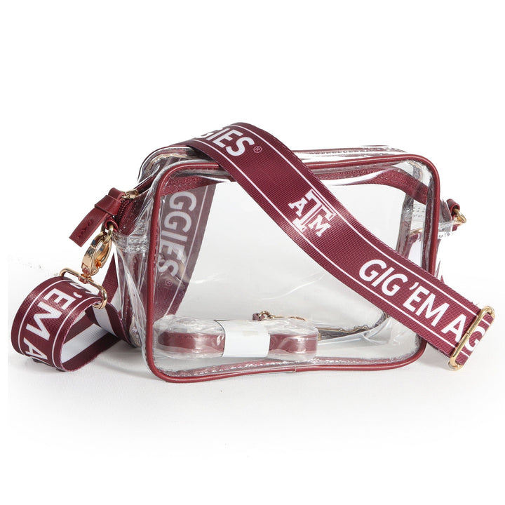 Desden Purse Bridget Clear Purse with Maroon Trim and Patterned Shoulder Straps for Texas A&M