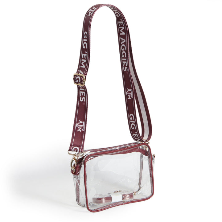 Desden Purse Bridget Clear Purse with Maroon Trim and Patterned Shoulder Straps for Texas A&M