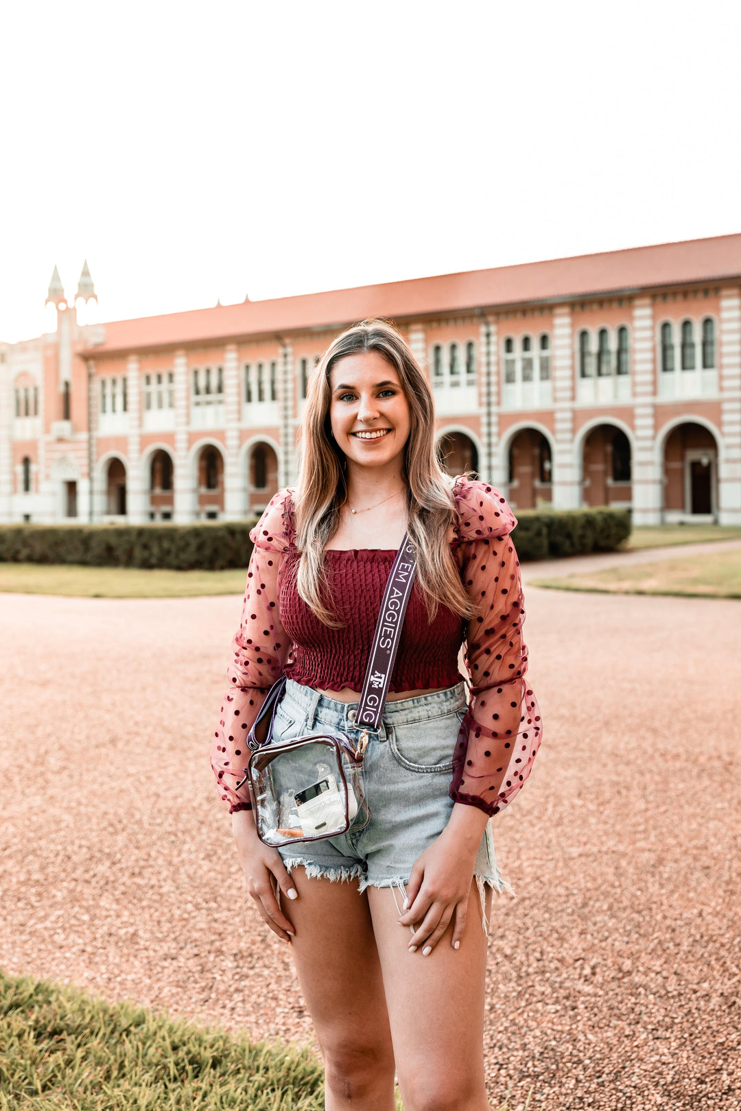 Desden Purse Bridget Clear Purse with Maroon Trim and Patterned Shoulder Straps for Texas A&M