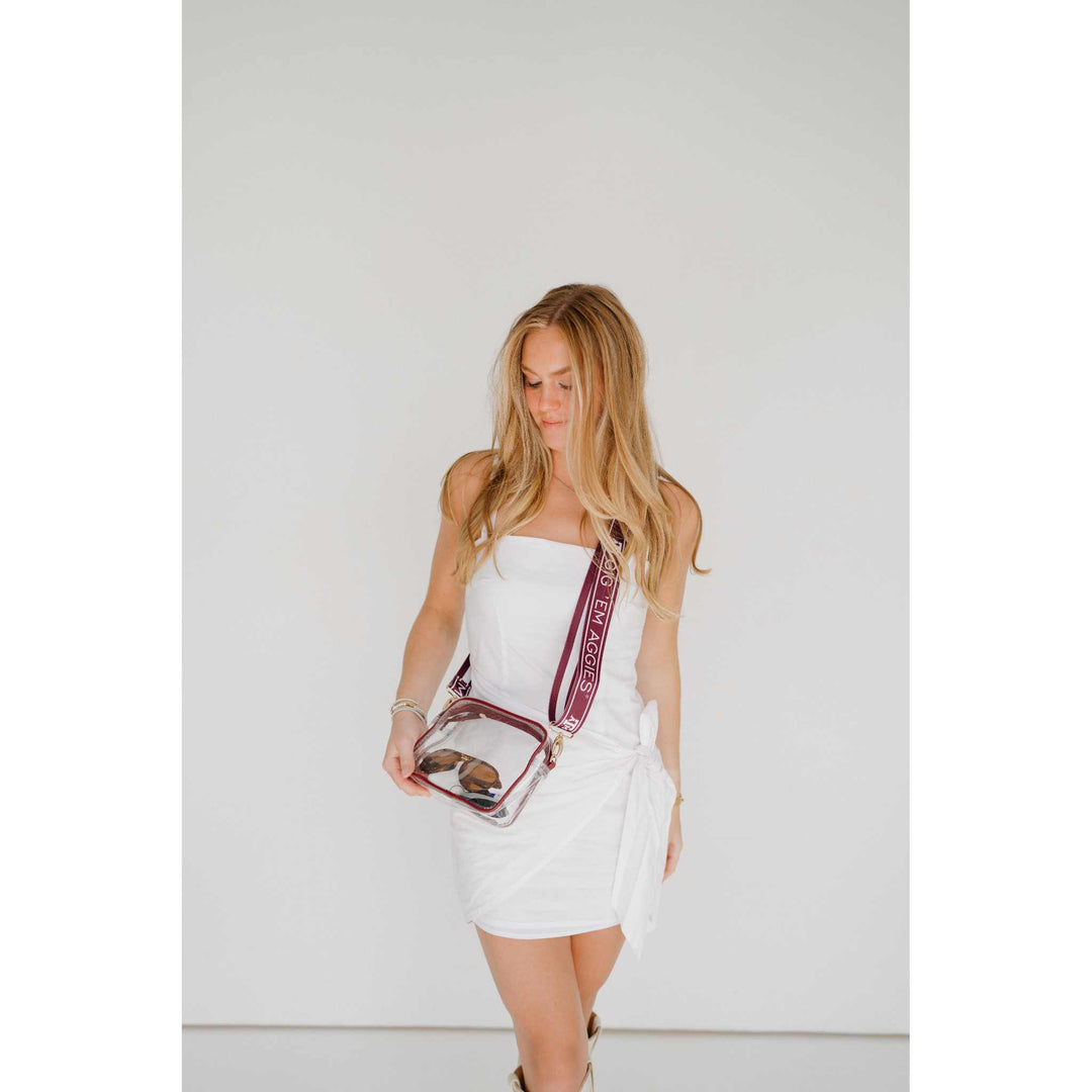 Desden Purse Bridget Clear Purse with Maroon Trim and Patterned Shoulder Straps for Texas A&M