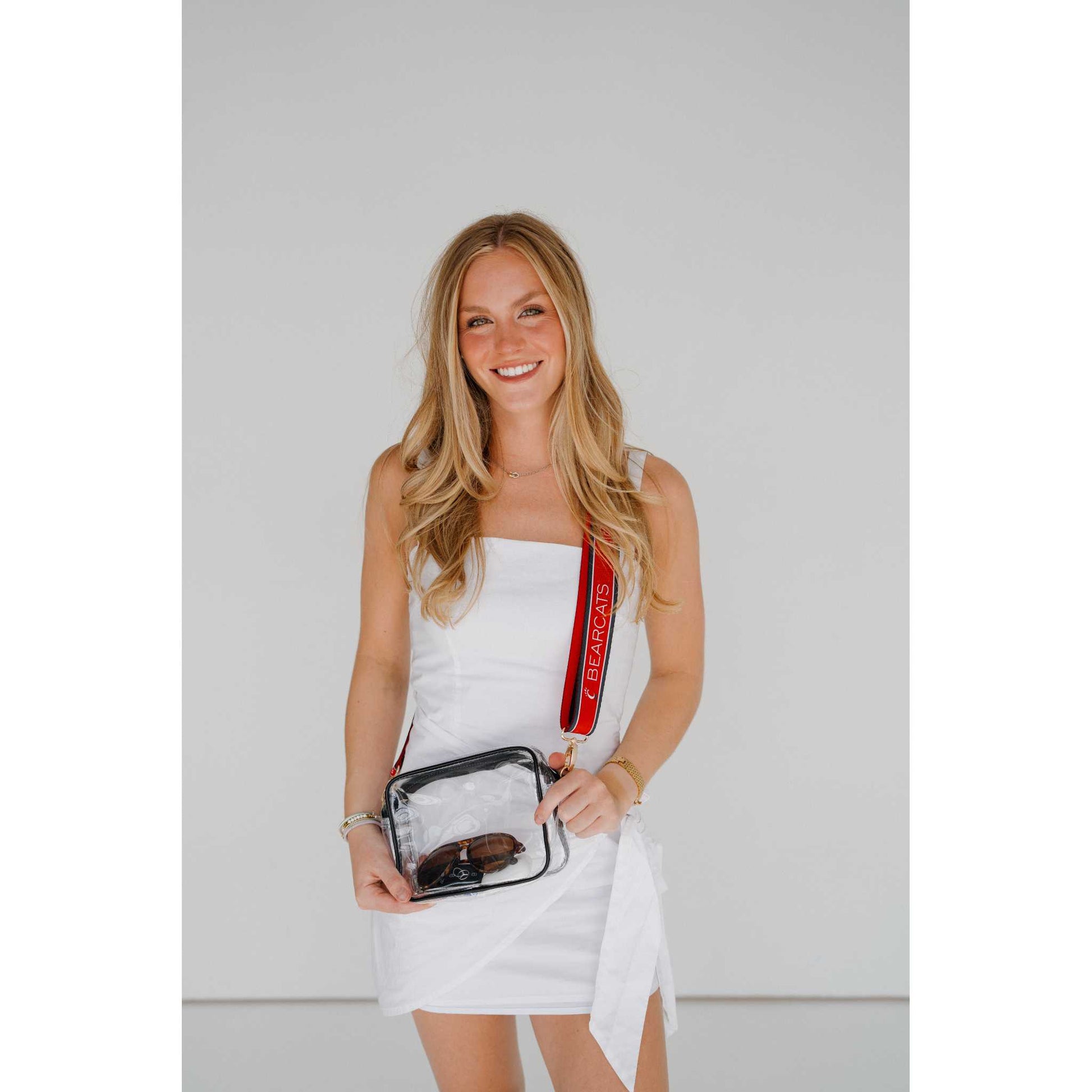 Stylish Bridget Clear Purse with Patterned Shoulder Straps - Cincinnati Bearcats, perfect for game day fashion.