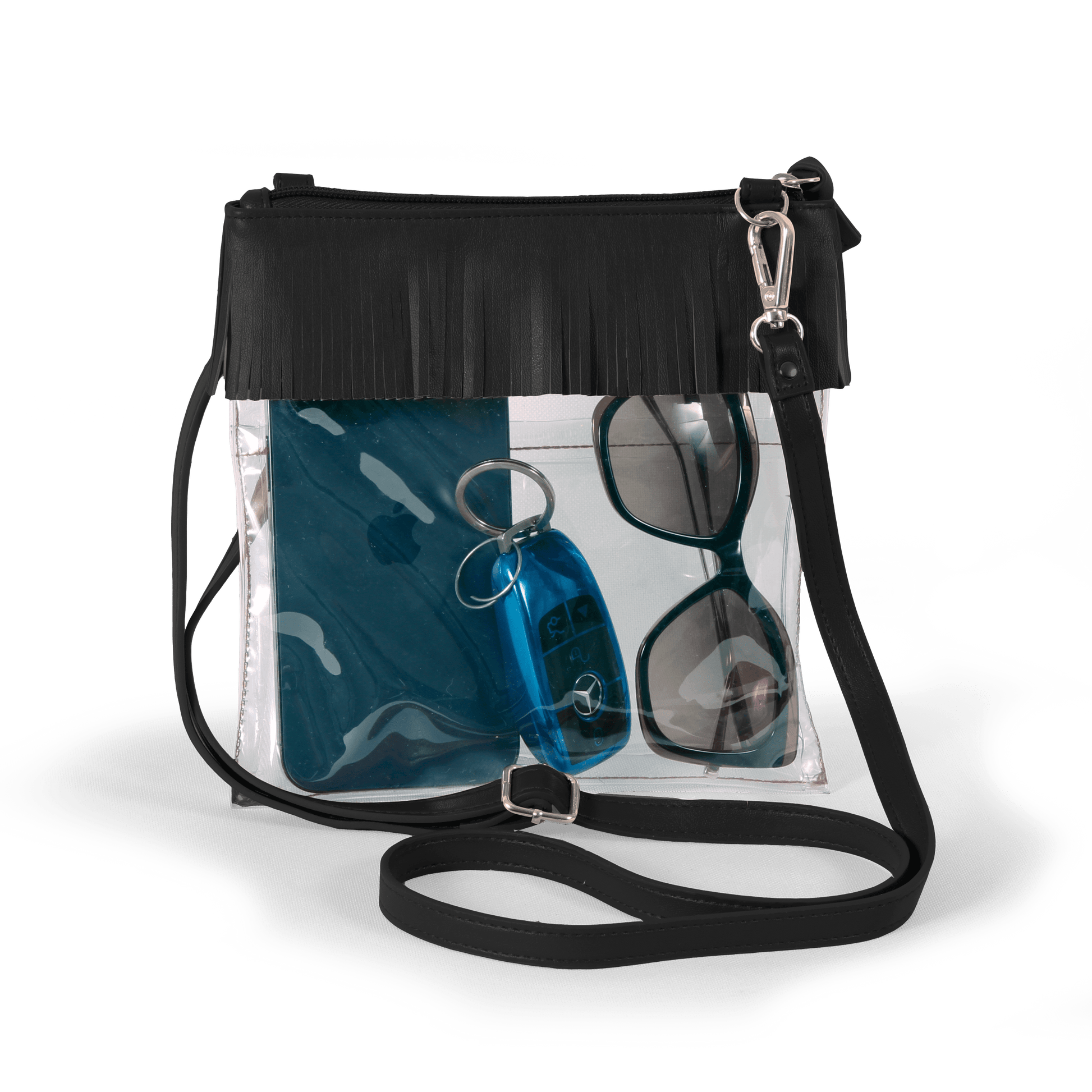 JudyAnn Fringe Clear Crossbody Purse in Black, stadium-approved, by Desden