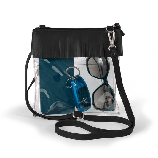 JudyAnn Fringe Clear Crossbody Purse in Black, stadium-approved, by Desden
