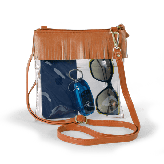 JudyAnn Fringe Clear Crossbody Purse in Burnt Orange, stadium-approved, by Desden