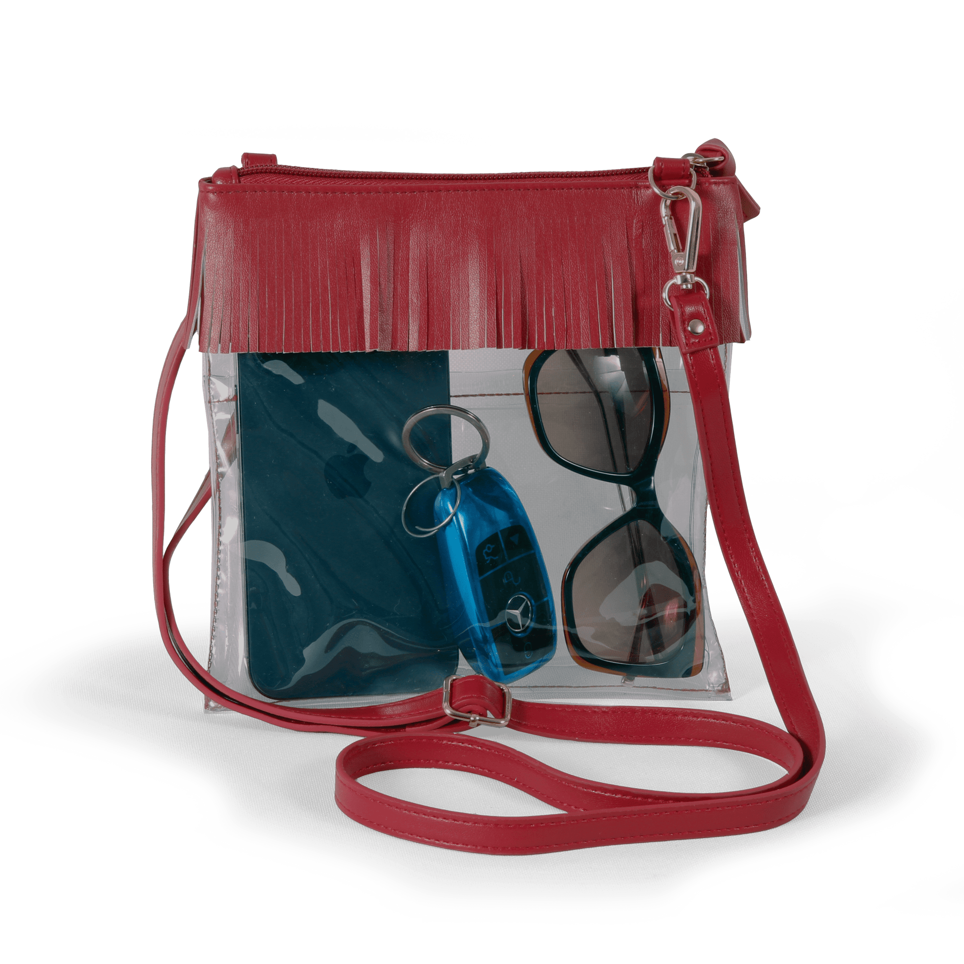 JudyAnn Fringe Clear Crossbody Purse in Crimson, stadium-approved, by Desden