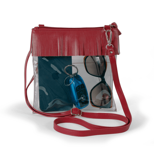 JudyAnn Fringe Clear Crossbody Purse in Crimson, stadium-approved, by Desden