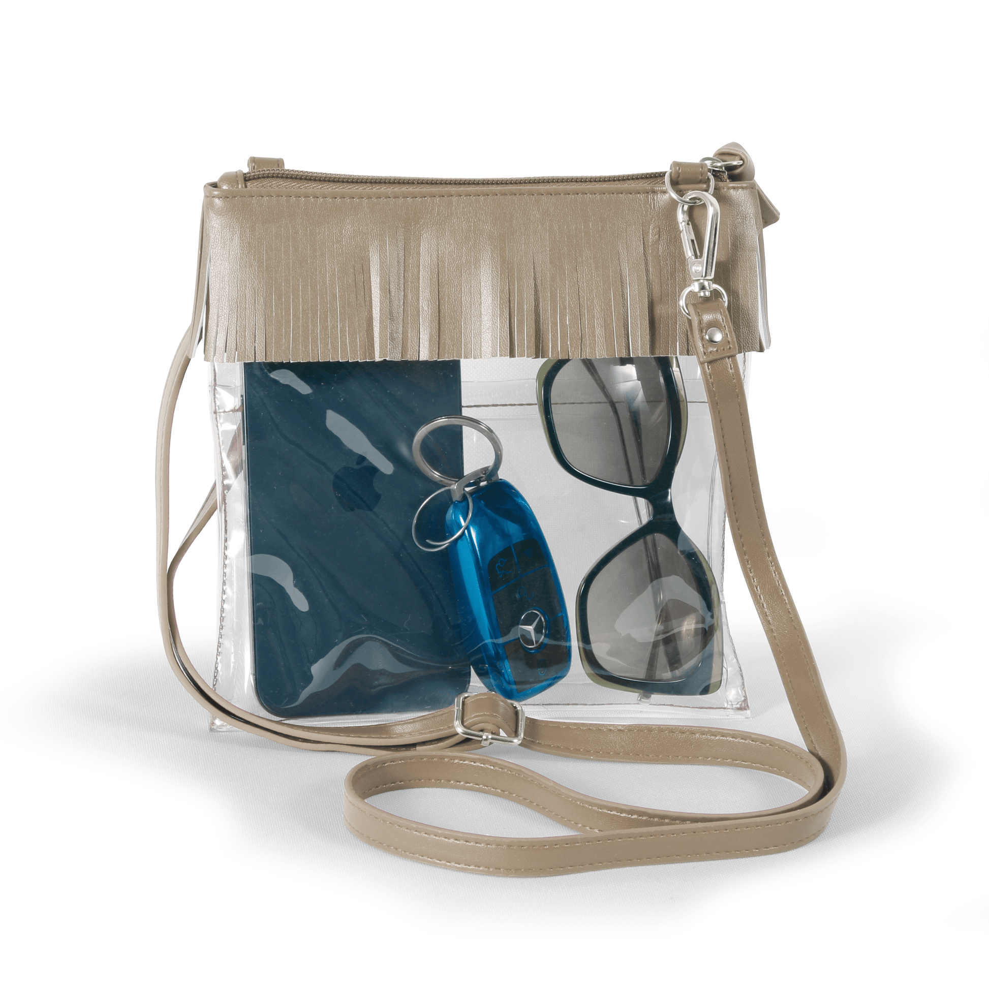 JudyAnn Fringe Clear Crossbody Purse in Metallic Gold, stadium-approved, by Desden