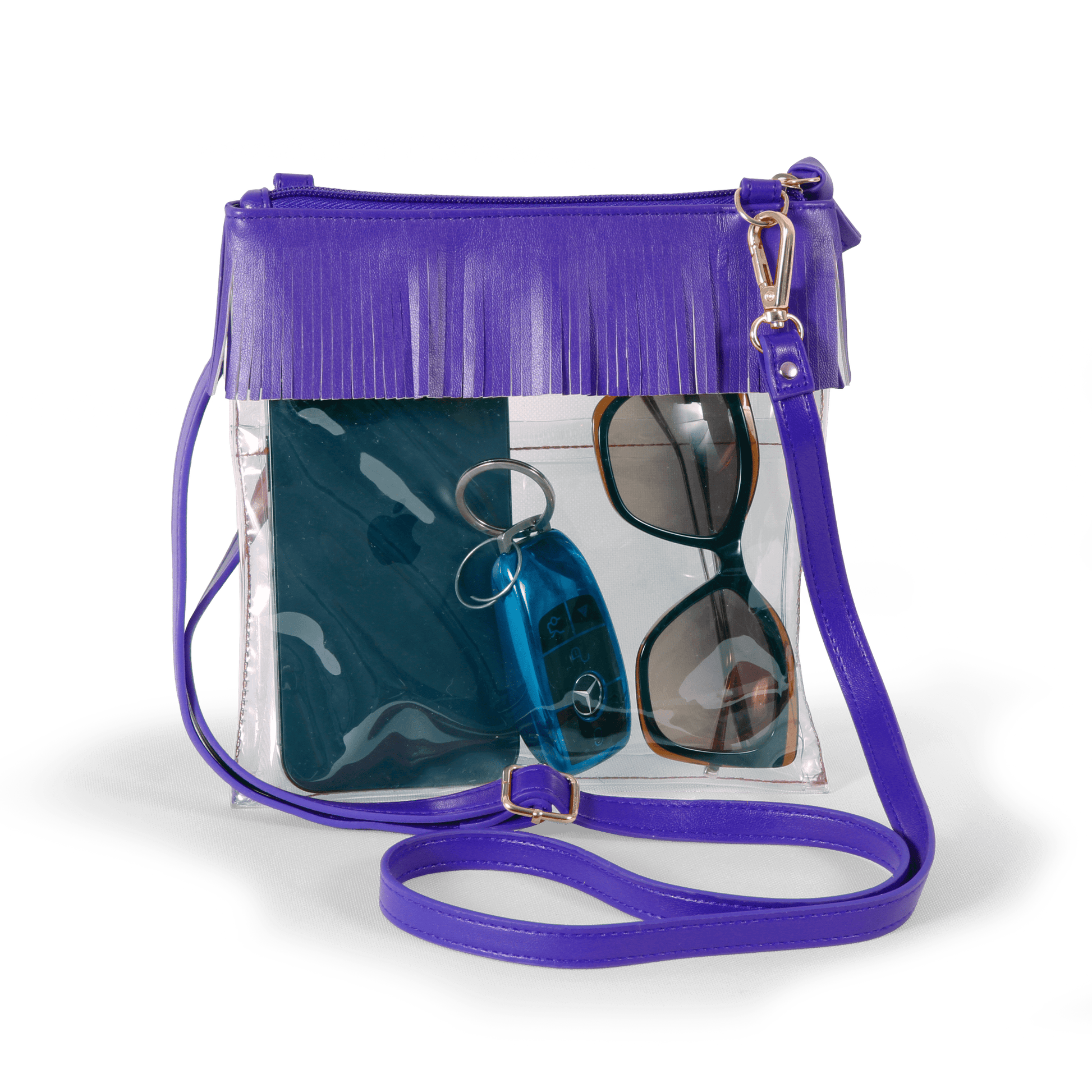 JudyAnn Fringe Clear Crossbody Purse in Purple, stadium-approved, by Desden