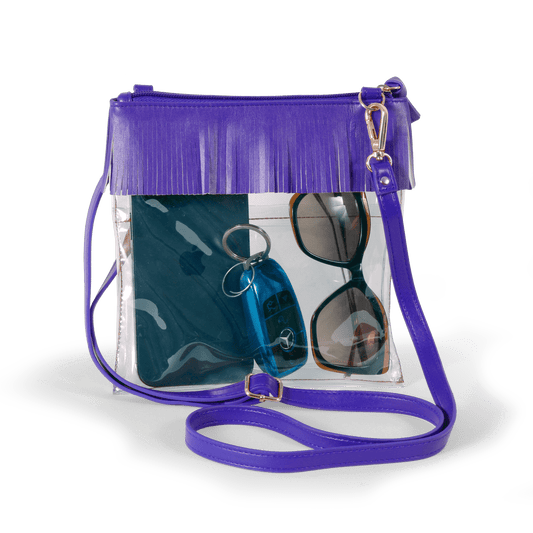 JudyAnn Fringe Clear Crossbody Purse in Purple, stadium-approved, by Desden