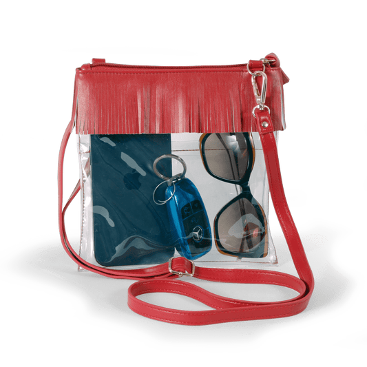 JudyAnn Fringe Clear Crossbody Purse in Red, stadium-approved, by Desden