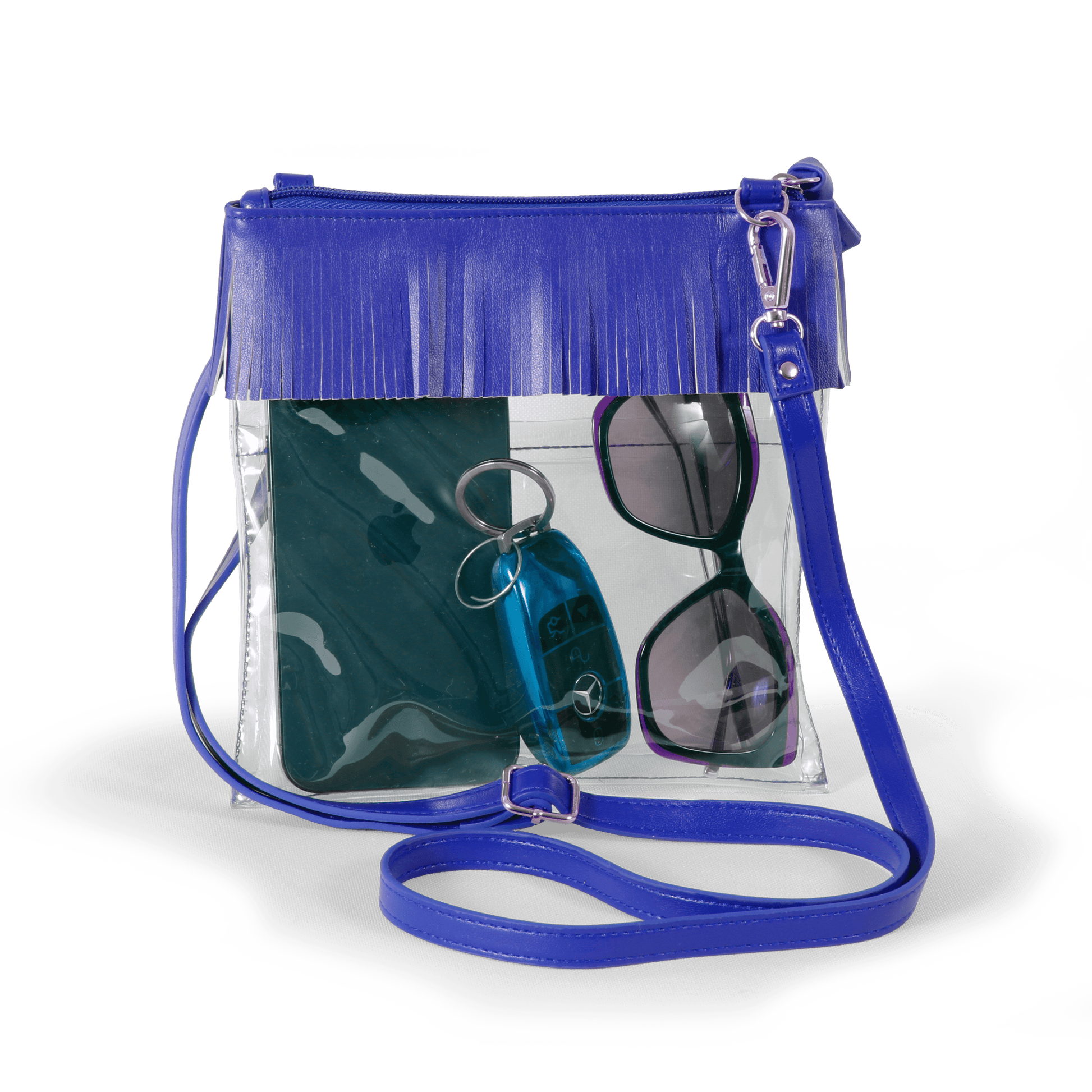 JudyAnn Fringe Clear Crossbody Purse in Royal Blue, stadium-approved, by Desden