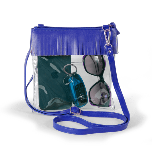 JudyAnn Fringe Clear Crossbody Purse in Royal Blue, stadium-approved, by Desden
