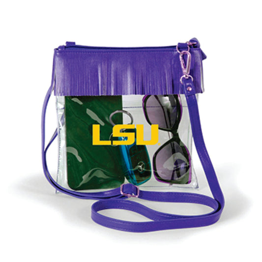 LSU Tigers JudyAnn Fringe Clear Crossbody Purse, stadium-approved, officially licensed, by Desden