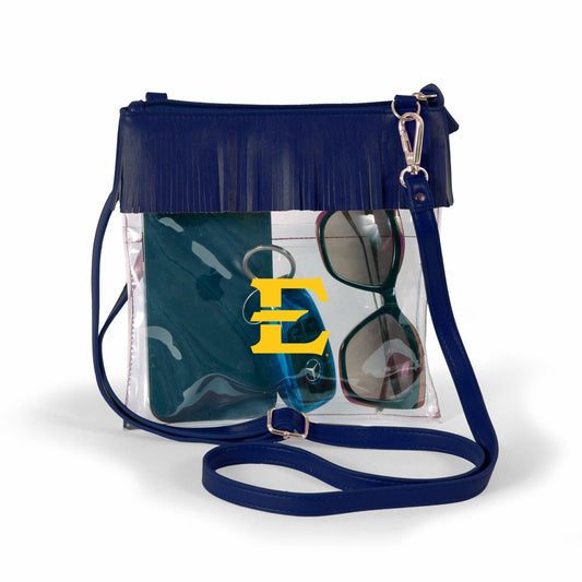 ETSU Buccaneers JudyAnn Fringe Clear Crossbody Purse, stadium-approved, officially licensed, by Desden