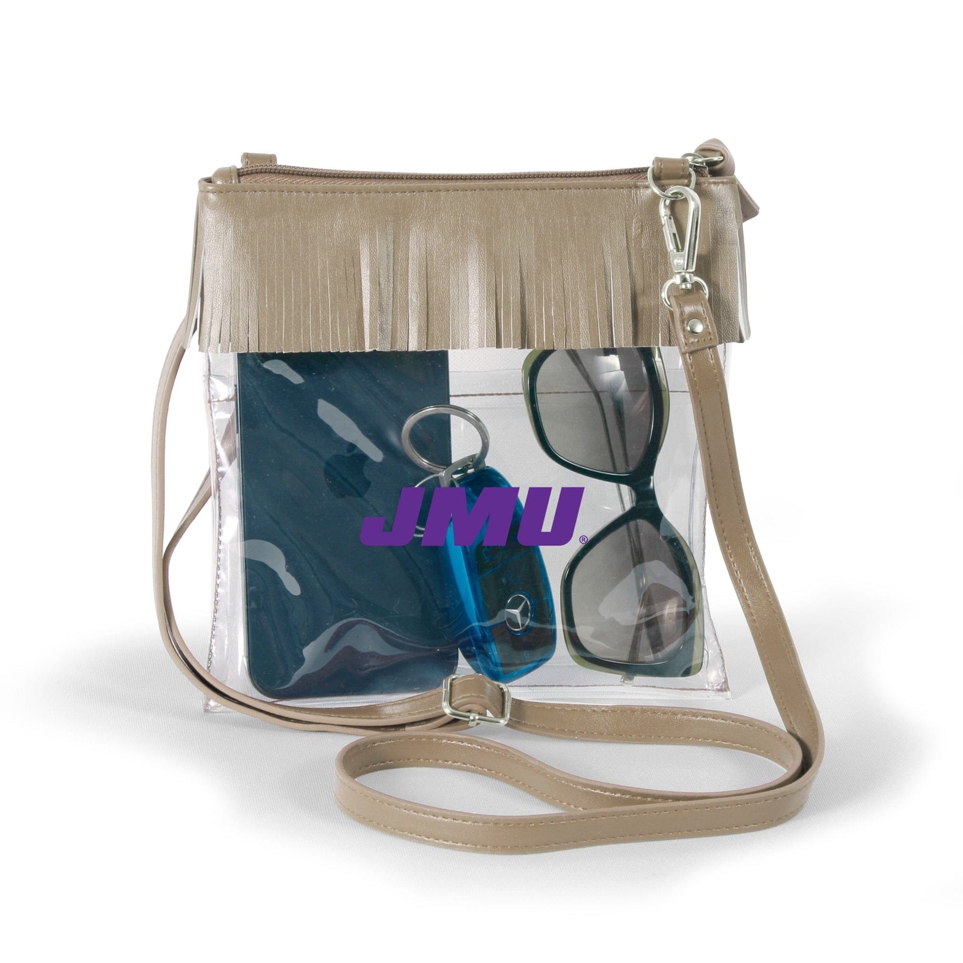 James Madison Dukes JudyAnn Fringe Clear Crossbody Purse in Gold, stadium-approved, officially licensed, by Desden