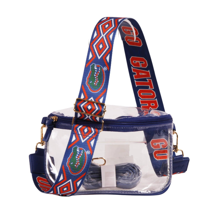 Desden Purse Lexi Clear Sling Purse with Royal Trim and Patterned Shoulder Straps for Florida Gators