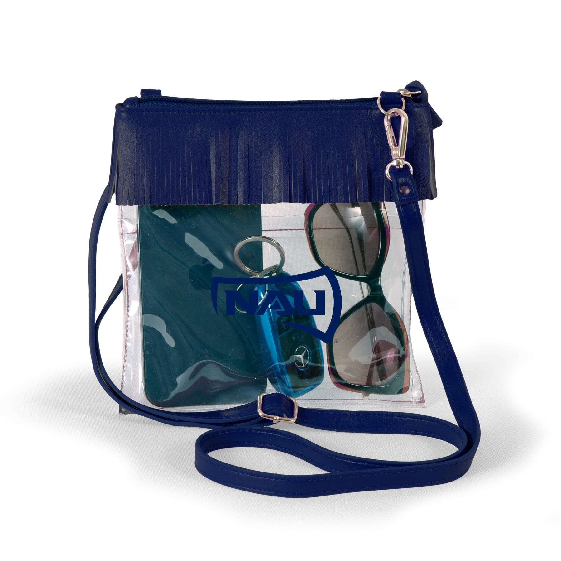 Northern Arizona Lumberjacks JudyAnn Fringe Clear Crossbody Purse, stadium-approved, officially licensed, by Desden