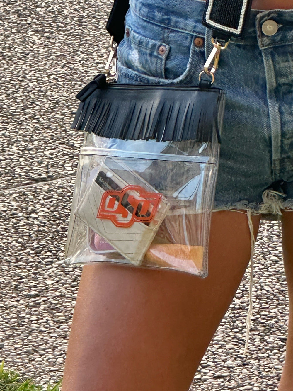 Desden Crossbody Oklahoma State  Clear crossbody with fringe by Desden