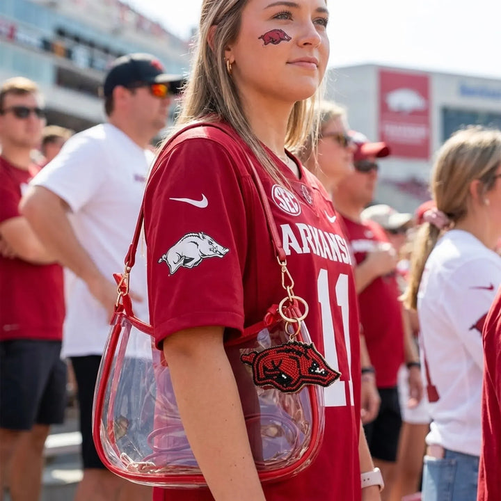 Desden Purse PRE-ORDER Sara Clear Purse with Beaded Charm – Arkansas Razorbacks