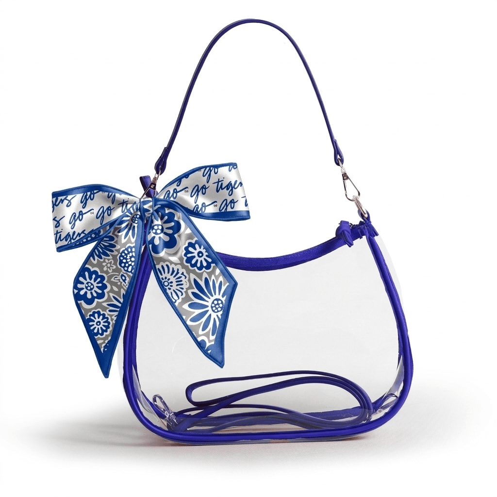 Memphis Tigers Sara Clear Purse with Skinny Scarf, stadium-approved, officially licensed, by Desden