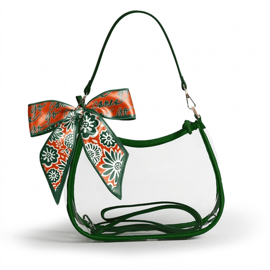 Miami Hurricanes Sara Clear Purse with Skinny Scarf, stadium-approved, officially licensed, by Desden
