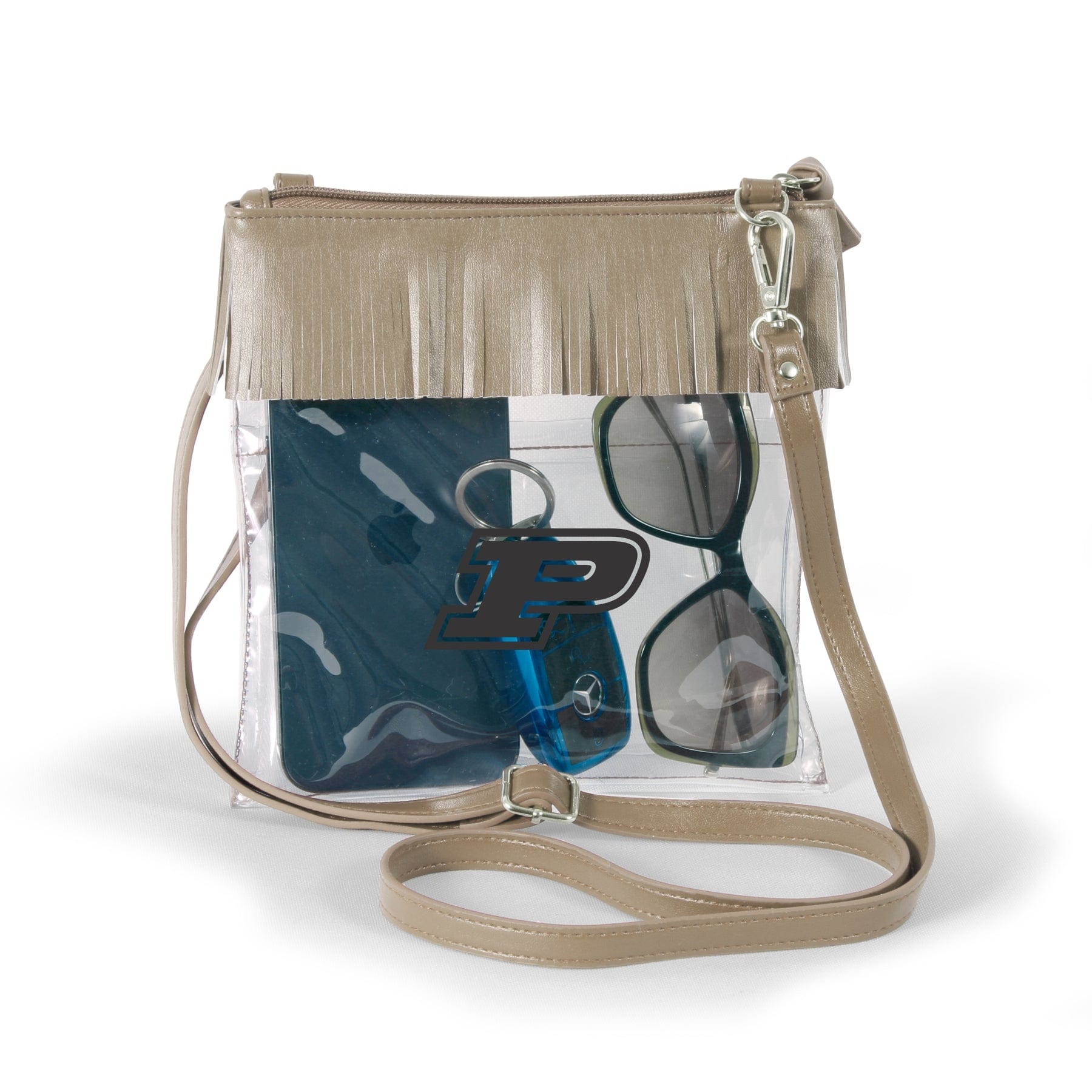 Purdue Boilermakers JudyAnn Fringe Clear Crossbody Purse, stadium-approved, officially licensed, by Desden