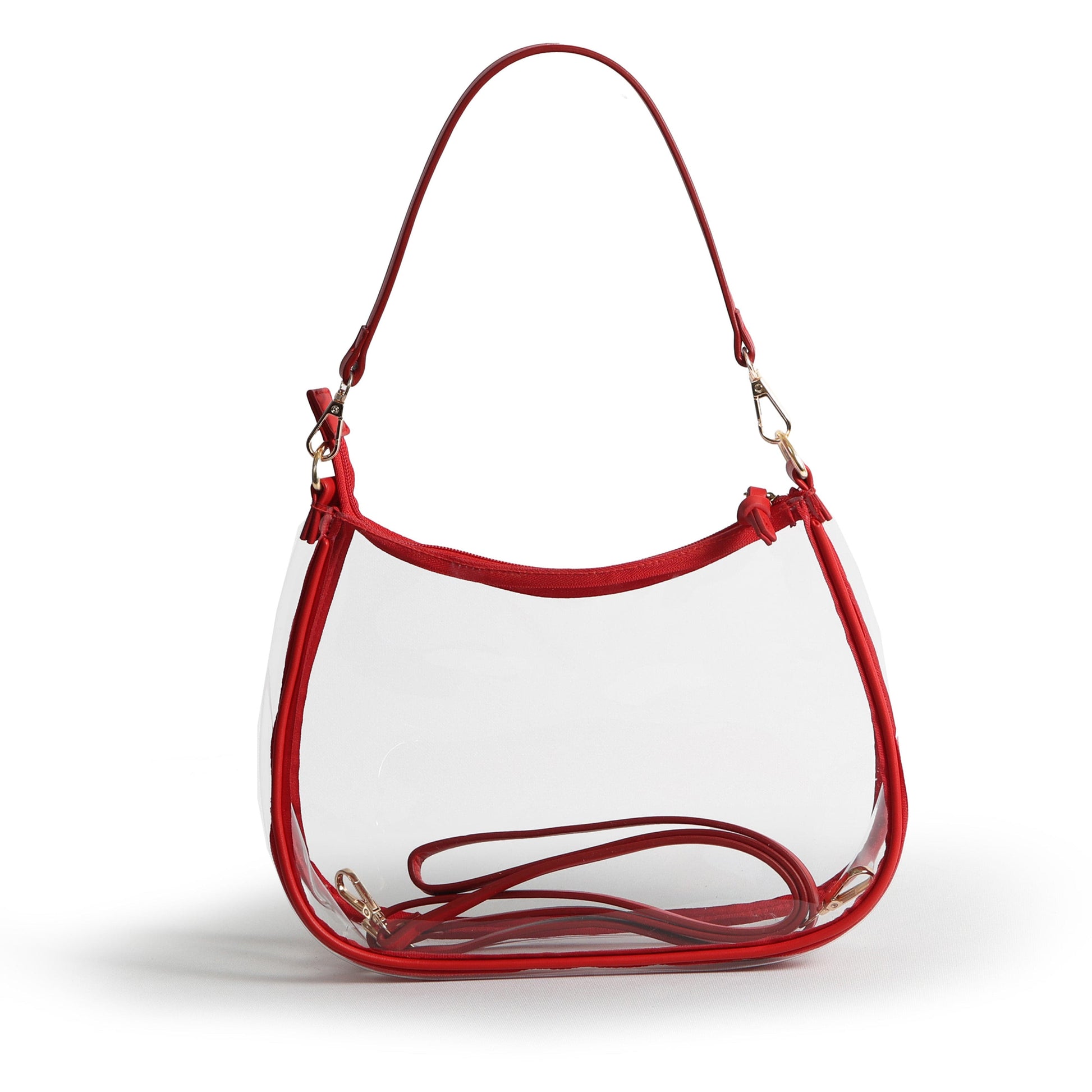 Sara Clear Purse with Beaded Charm in Crimson, stadium-approved, by Desden
