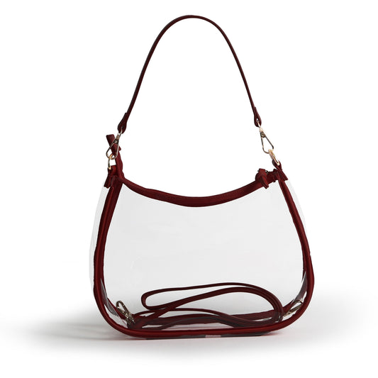 Sara Clear Purse with Beaded Charm in Maroon, stadium-approved, by Desden