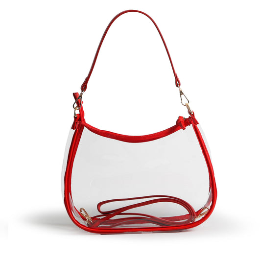 Sara Clear Purse with Beaded Charm in Red, stadium-approved, by Desden