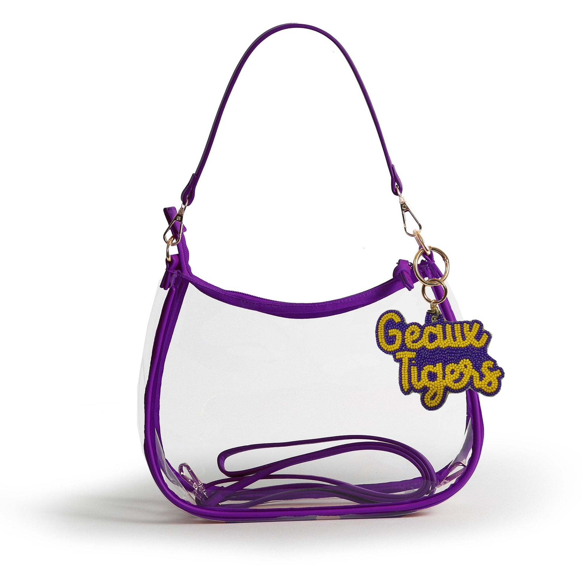 LSU Sara Clear Purse with Beaded Charm, stadium-approved, officially licensed, by Desden