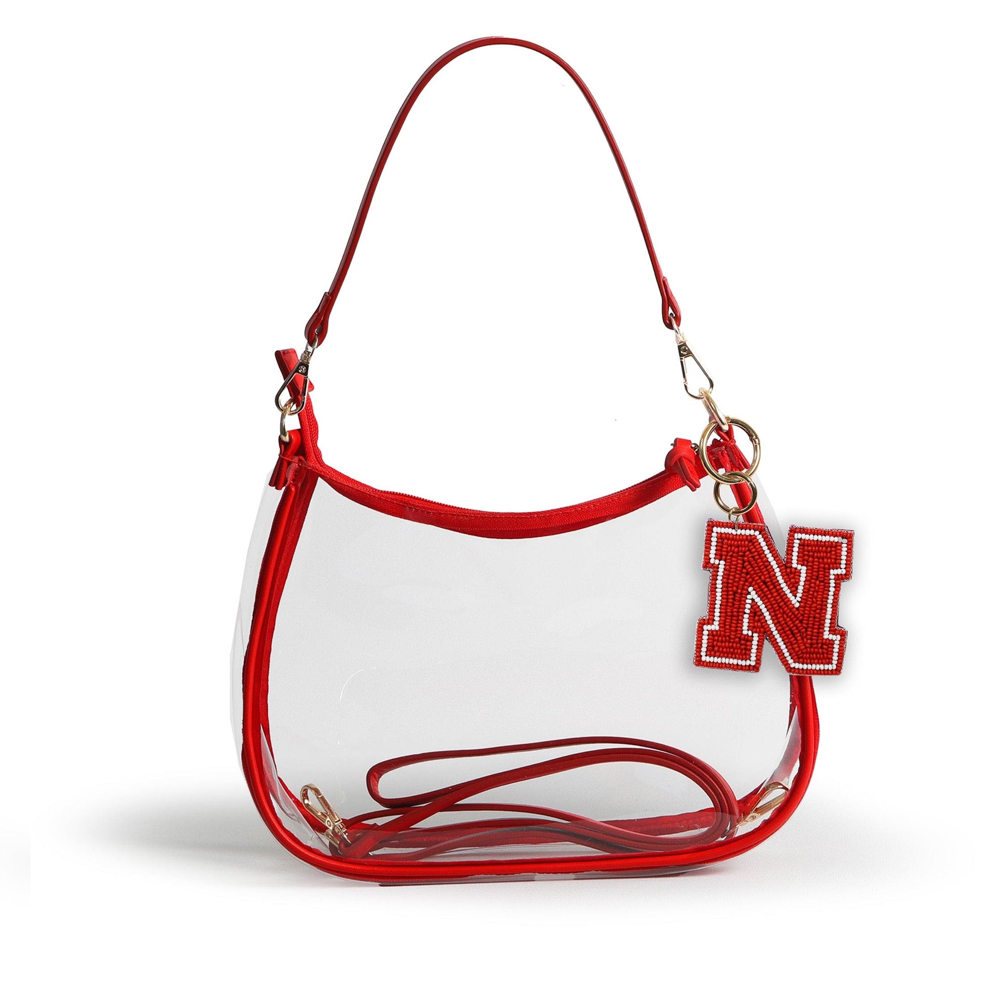 Nebraska Cornhuskers Sara Clear Purse with Beaded Charm, stadium-approved, officially licensed, by Desden