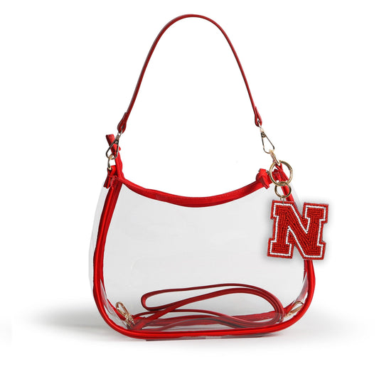 Nebraska Cornhuskers Sara Clear Purse with Beaded Charm, stadium-approved, officially licensed, by Desden