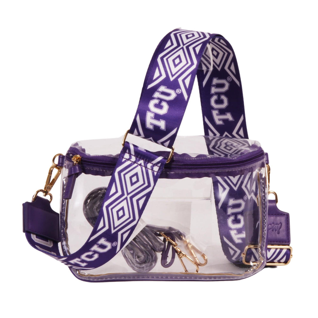 Desden Purse TCU Clear Sling Bag with Custom Printed Shoulder Straps in Purple and White by Desden